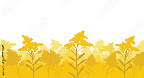 Golden meadow silhouettes fill the lower portion, creating a peaceful ambiance