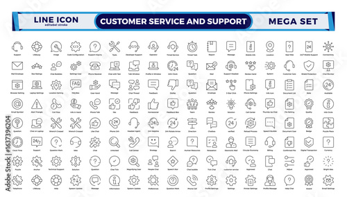 Customer service and support outline icon collection in thin-line modern style, including feedback, technical help, assistance, information, and communication. Editable stroke outline icon.