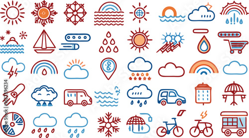 Assorted Weather and Transportation Icons in Orange and Blue Hand Drawn Style snowflake cloud