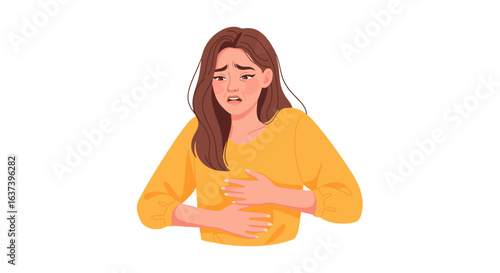 Woman experiencing stomach pain, discomfort, and nausea with a grimacing expression