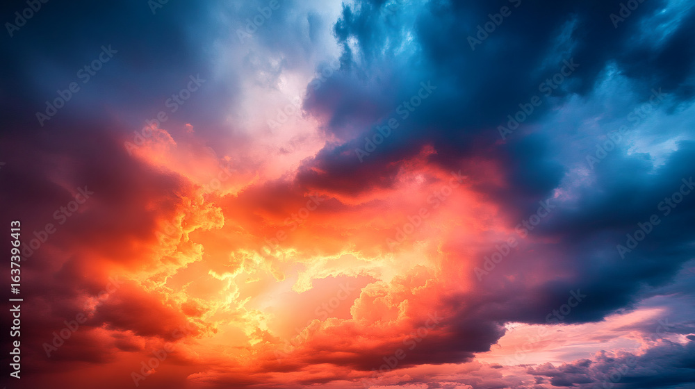 Obraz premium Dramatic cloudscapes with vibrant colors at sunset.