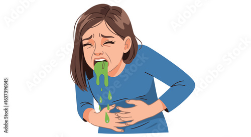 Woman experiencing severe nausea and vomiting, clutching her stomach in distress