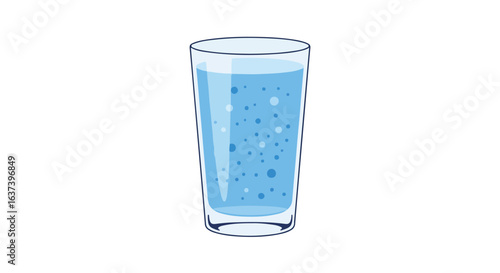 Blue tinted water with bubbles in clear glass with white background