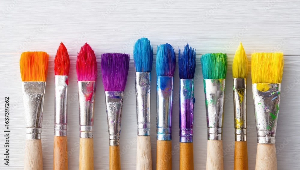 Fototapeta premium Colorful paintbrushes in a row on white wood