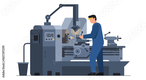 Technician operates a lathe, shaping metal with precision; machine has many levers
