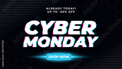 Cyber monday promotional banner with glitch effect on black background