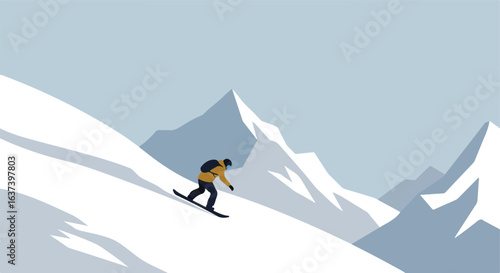 Snowboarder gliding down snowy mountain slope against mountainous background