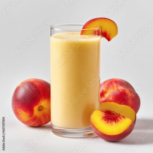 Peach Smoothie.
A creamy peach smoothie in a clear glass, with a peach slice on top. Fresh peaches are placed next to the glass, emphasizing the natural, fresh look with a plain white background.