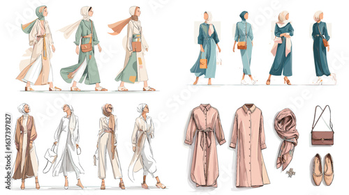 Elegant modest fashion illustration set featuring long dresses, coats, hijabs, handbags, and shoes in stylish hand-drawn style. Perfect for clothing design and fashion branding.

