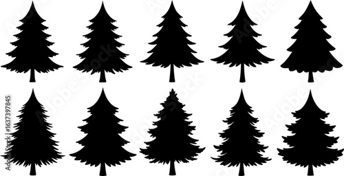 Christmas tree silhouette clipart set. Black Christmas tree drawing clip art collection in white background for xmas season pine tree flat icon decoration vector illustration.