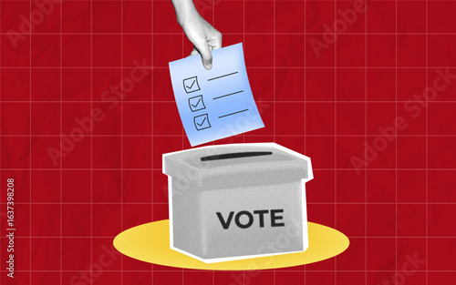 Halftone collage Hands inserting ballots into ballot boxes, voting, democracy, election participation