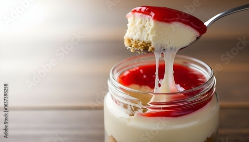 A shot of a dessert spoon lifting a portion of strawberry cheesecake jar, cream layers strecthing