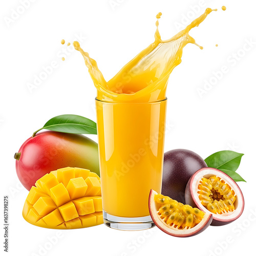 Refreshing mango and passion fruit juice splash with fresh fruits isolated on transparent background