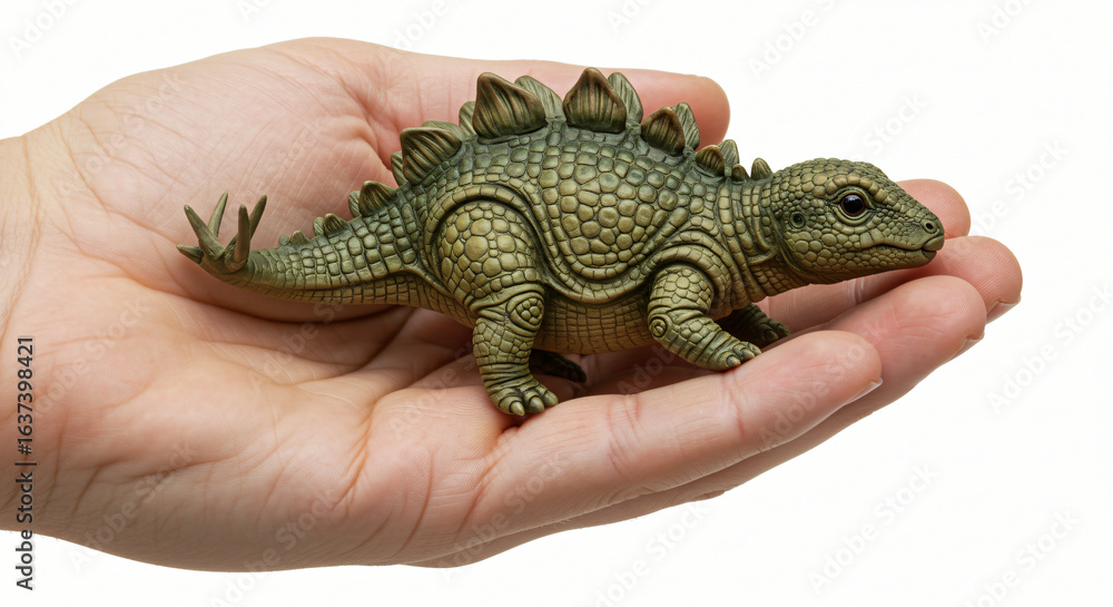 Naklejka premium Realistic Ankylosaurus Miniature Held in Hand – Armored Dinosaur Toy with Spiked Back and Textured Skin