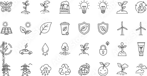 Eco-friendly line icons, renewable energy, recycling, solar power, wind turbines, nature conservation, sustainability, green technology, environmental protection, climate change awareness illustration