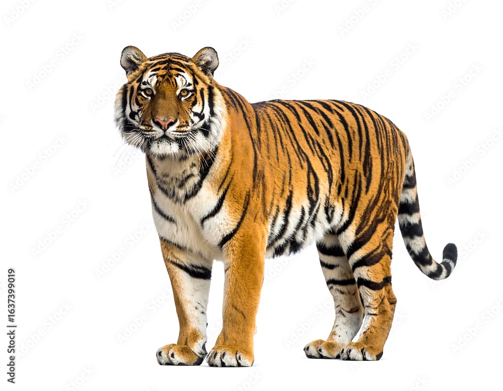 Fototapeta premium Majestic tiger standing, facing forward, on a white background