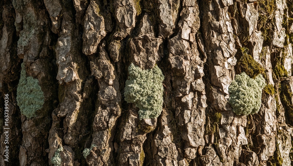 Fototapeta premium Textured Oak Bark with Moss: A close-up view reveals the intricate texture of mature oak bark, speckled with vibrant patches of green moss.