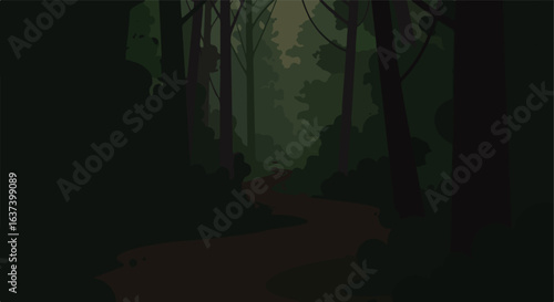 Winding trail through dense woods with verdant trees and lush foliage backdrop
