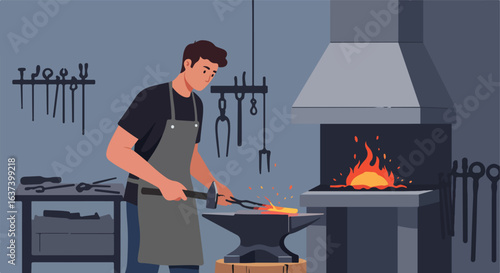 Cartoon smith at forge working, fire, anvil, hammer and tongs in workshop backdrop