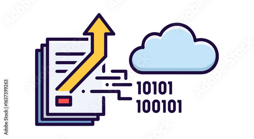 Digital transformation concept showing documents converting to data in the cloud with an arrow representing growth, symbolizing technological advancement.