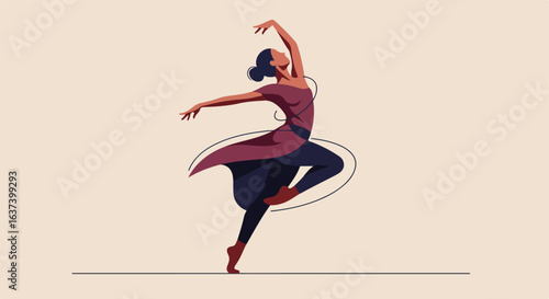 Dancer en pointe with arms raised, wearing a flowing dress on a beige backdrop