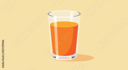Orange fluid inside a tall glass with a simple, flat design, sitting on tan backdrop