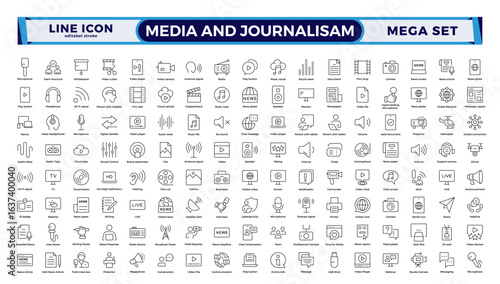 Journalism and mass media outline icon set in vector style, featuring microphone, reporter, press conference, newspaper, social media, public communication. Editable stroke outline icon.
