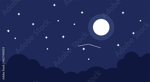 Starry night sky with bright moon and clouds, simple illustration in dark blue hues
