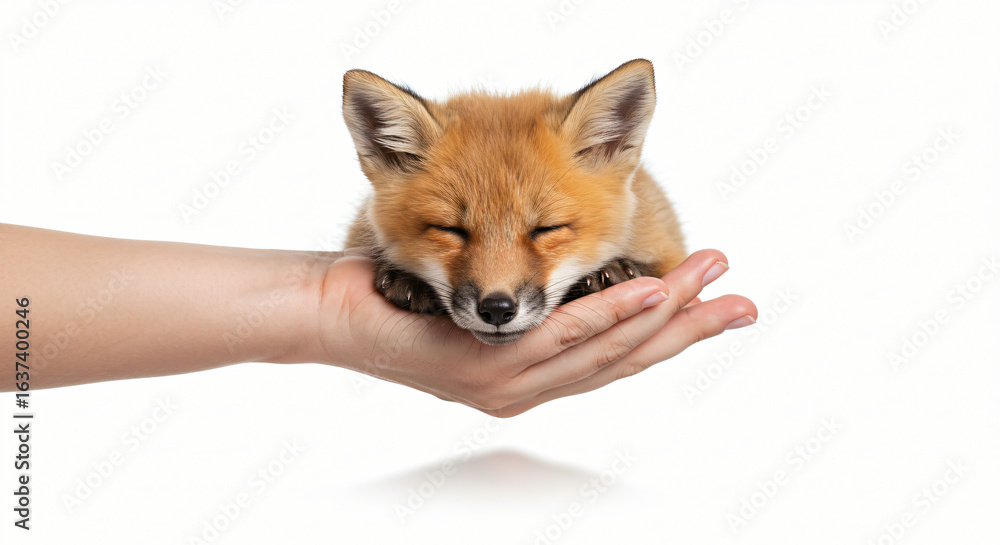 Fototapeta premium Baby Fox Held in Hands – Gentle Wildlife Moment Captured on White Background