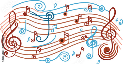 Colorful Musical Notes and Staff Lines with Treble Clefs and Swirls vector illustration