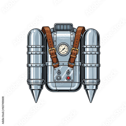 A metallic steampunk jetpack, detailed with rivets, straps, and gauges.