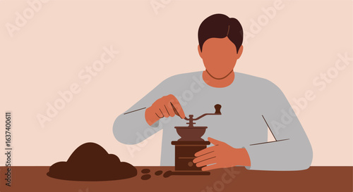 Anonymized person grinds beans with a mill on table; pile of fresh grounds