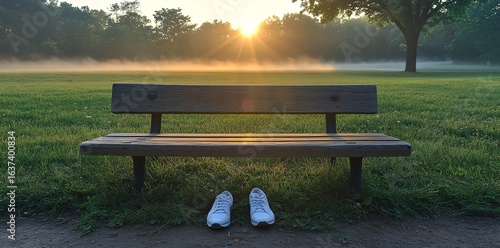 Fototapeta Naklejka Na Ścianę i Meble -  Empty bench and shoes at a park on a foggy morning