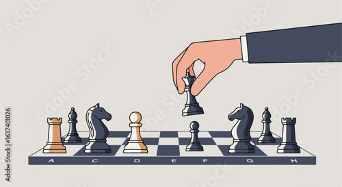 Chess strategy Hand moving a queen. Game board setup for strategic gameplay