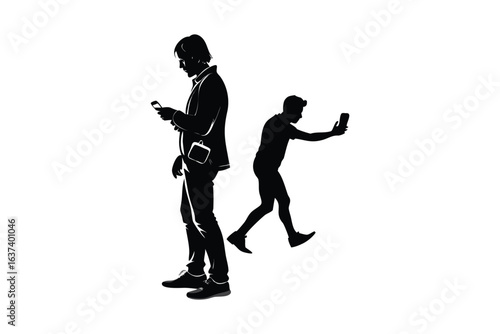 Two Men Engaged in Separate Activities One Focused on a Phone While the Other Runs with a Phone in Hand Highlighting the Silent Struggle of