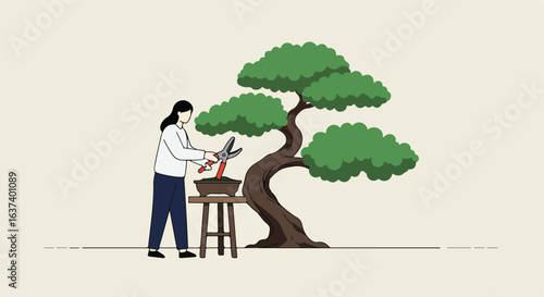 Bonsai care Cartoon woman trims miniature tree with clippers atop stool