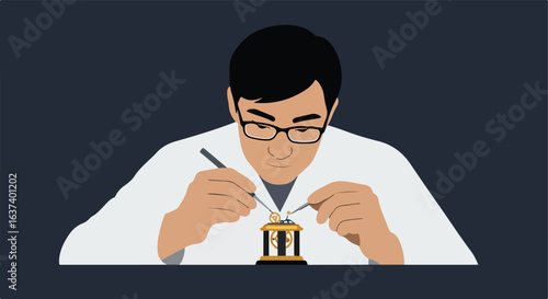 Clockmaker repairing intricate gears of clock with delicate tools and white coat on