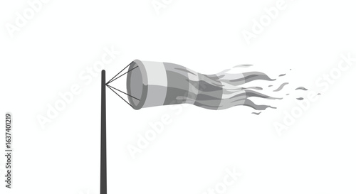 Gray windsock on pole shows wind direction with streaming gray stripes and fragments