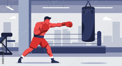 Graphic illustration of a boxer punching a heavy bag in a gym setting for practice