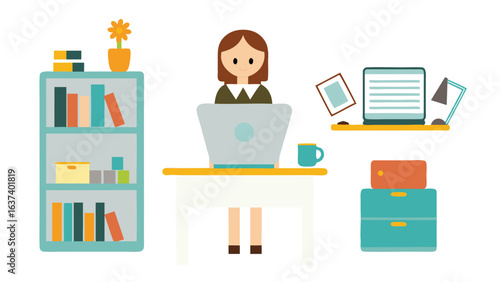 Cartoon vector illustration of a person working at an office desk with a laptop and coffee
