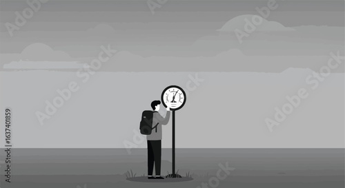 Traveler checks the gauge in a grey, overcast landscape with a backpack