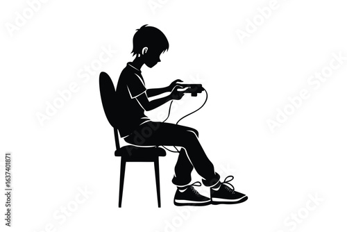 contemporary innovative creative digital colorful vibrant crisp clean stylish elegant modern detailed professional high quality Boy Sitting in Chair Playing Video Game with Silhouette Style Icon