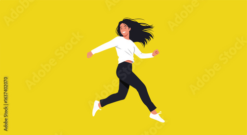 Woman running joyfully with flowing hair on a bright yellow background in flat design