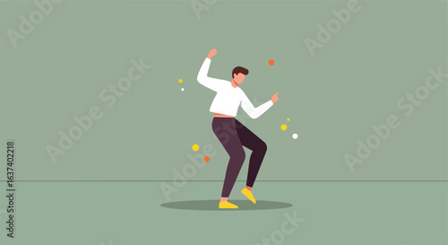 Man Juggling Character, dancing with floating balls, on a grey background