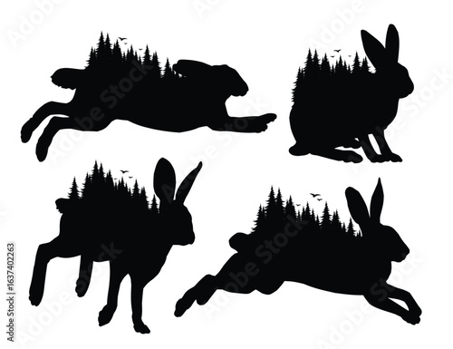 Wild hare silhouettes with coniferous forest.
