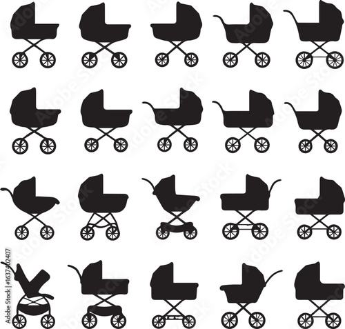 Collection of Fifteen Black Silhouette Baby Stroller Icons in Various Styles pram carriage