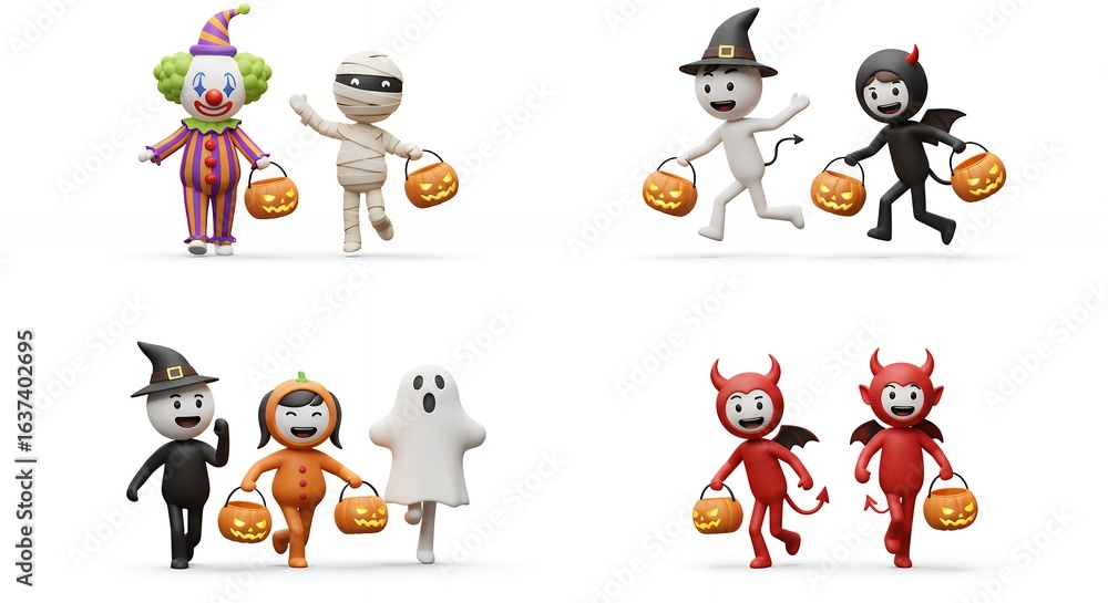 Obraz premium Cartoon halloween characters carrying pumpkins