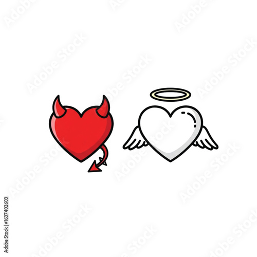 Two stylized hearts, one red with devil horns and tail, the other white with angel wings, representing contrasting emotions.