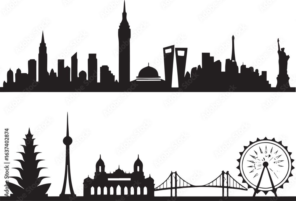 Obraz premium City Skyline & Landmark Icons Silhouettes on White Background