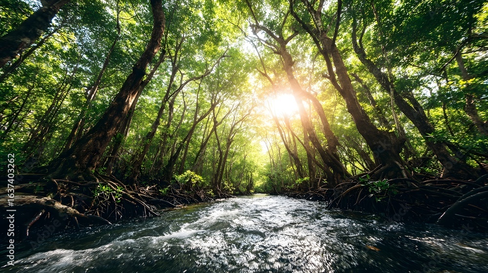 Fototapeta premium Lush forest stream with sunlight filtering through the canopy.